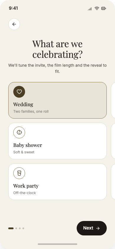 The Capsule app: a screen headed “What are we celebrating?”, with Wedding, Baby shower and Work party offered as options.