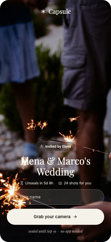 What a guest gets: sparklers in a dark garden, the words “Elena & Marco’s Wedding”, a line reading “Unseals in 5d 9h · 24 shots for you”, and a button that says “Grab your camera”.