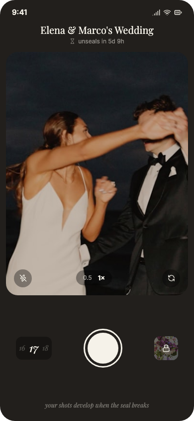 The guest camera running in a browser: a flash-lit frame of two people dancing, a shutter button, a dial reading seventeen shots left, and a line reading “your shots develop when the seal breaks”.