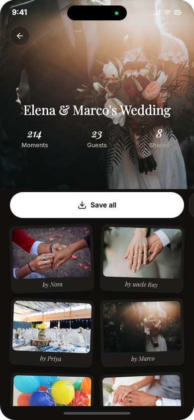A developed film: “Elena & Marco’s Wedding” over a photograph of the couple, counters reading 214 moments and 23 guests, and a grid of photographs each signed with the guest who took it.