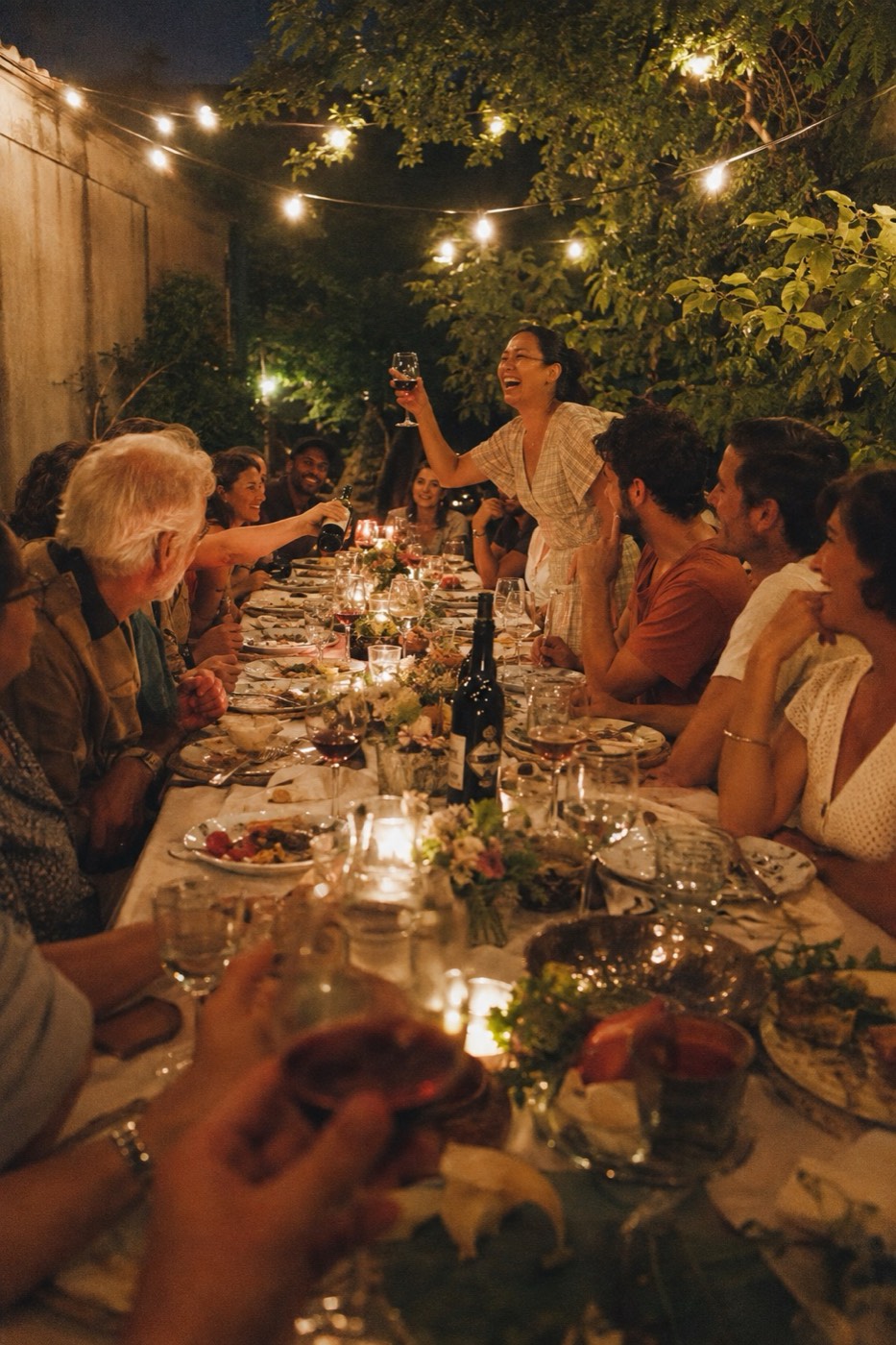 A long garden table at dusk under string lights, a dozen friends leaning in while one stands halfway up with a glass raised, laughing