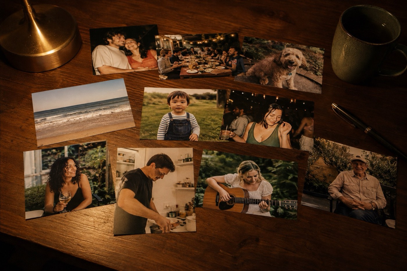A dozen party prints spread across a wooden table under a warm lamp, no two of them the same night
