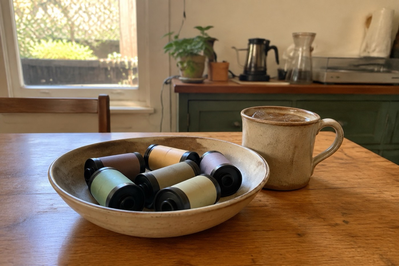 Exposed 35mm film canisters in a bowl on a kitchen table beside a cold mug, soft morning light