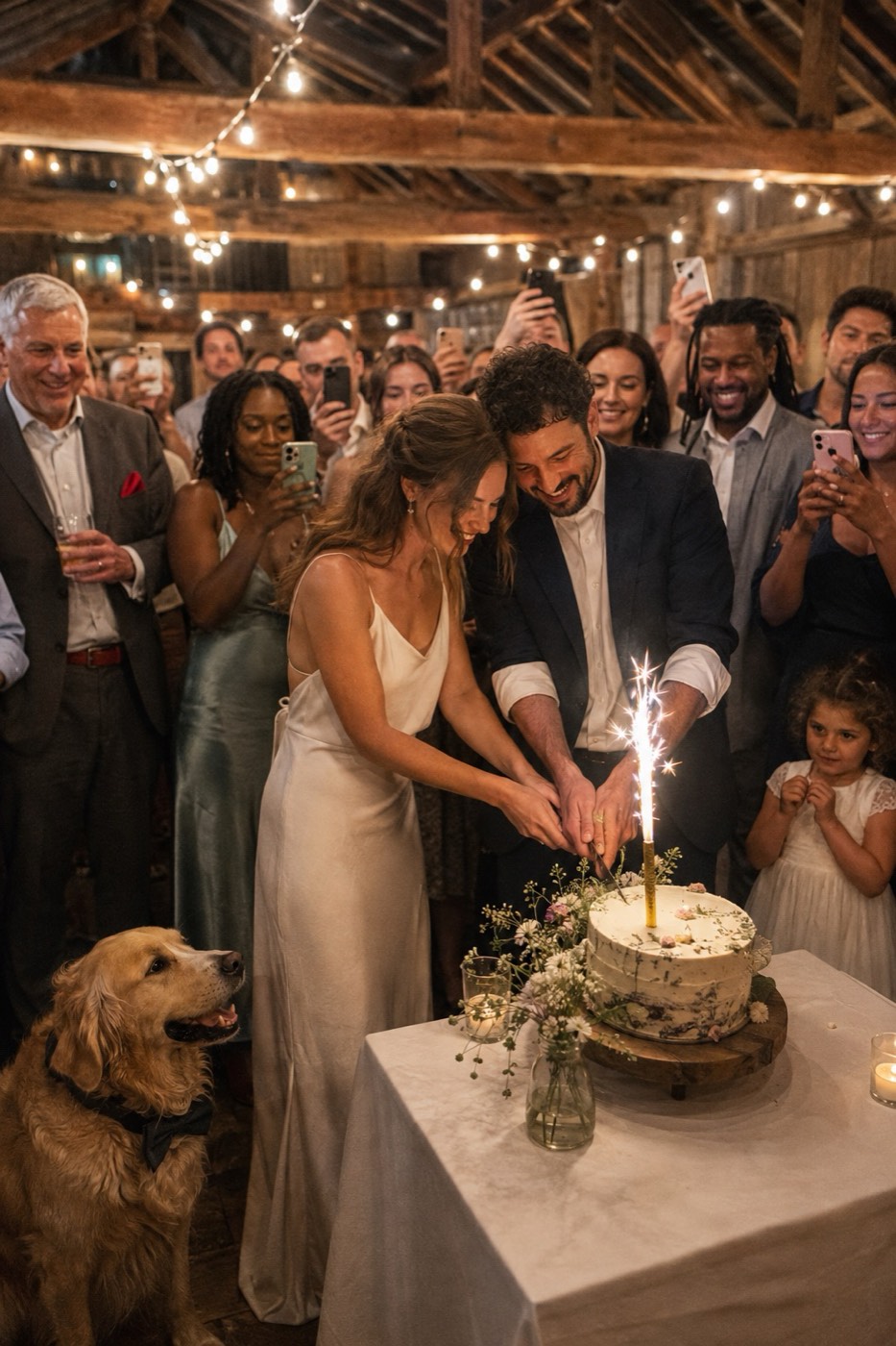 A bride and groom cutting the cake together under a burning sparkler, guests crowded in around them with their phones up