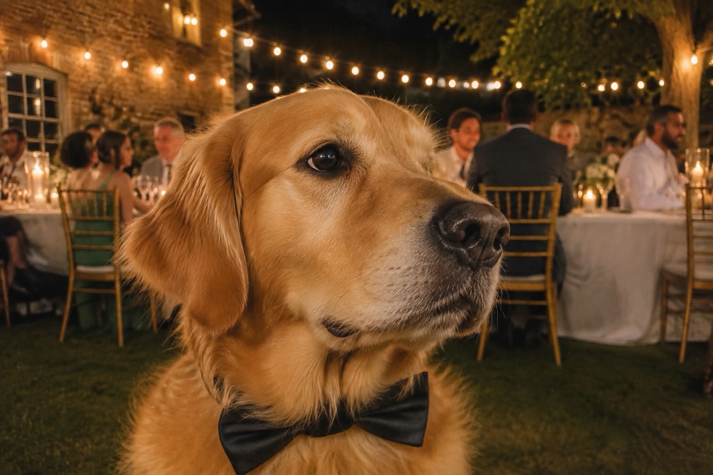 A golden retriever in a crooked bow tie sitting up on a gold chair beside the table, an abandoned glass and a buttonhole rose next to him