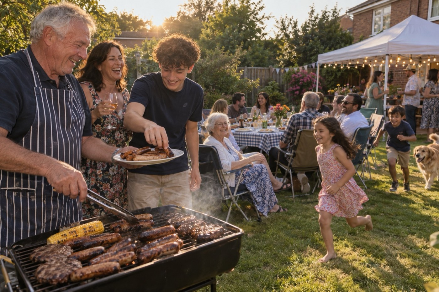 A family reunion in a back garden on a summer evening, a grandfather at the barbecue while his grandson steals a sausage, relatives at a checked table and children running on the lawn