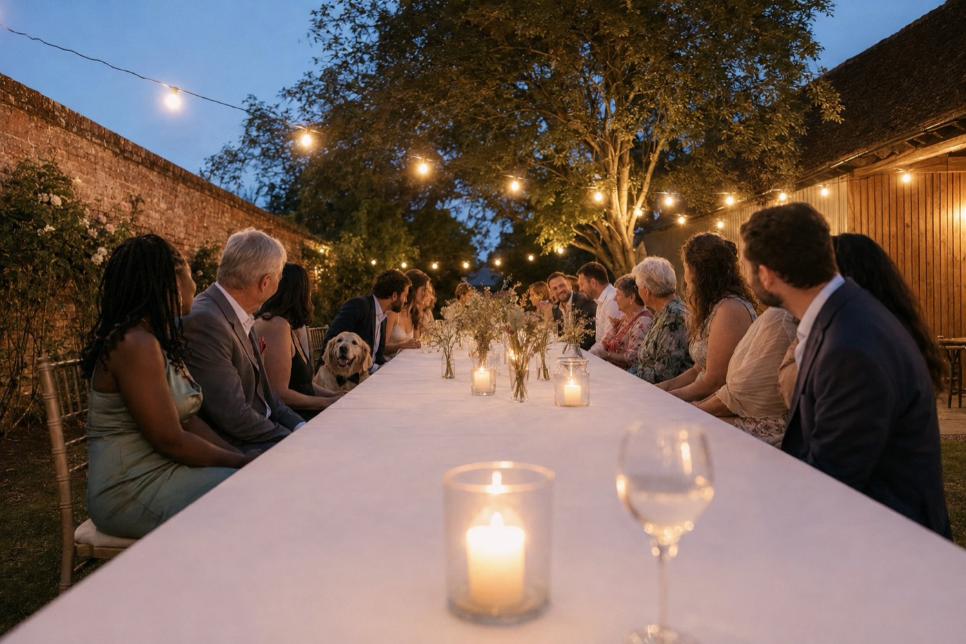 A long trestle table down a walled garden at dusk under festoon bulbs, the groom standing halfway along to pour somebody a glass