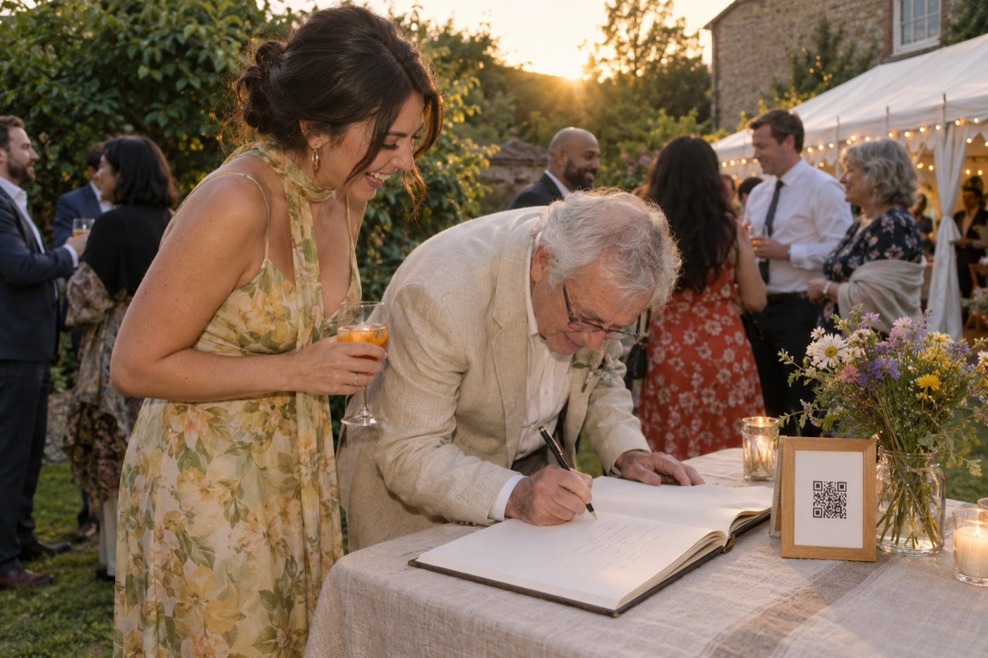 An older guest in a linen jacket signing a wedding guest book in a garden at golden hour, a laughing woman holding his drink, a framed QR code card beside the book