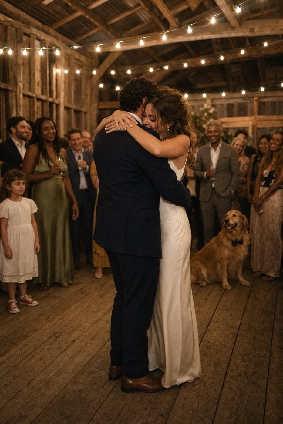 A bride and groom holding each other in the first dance on the plank floor of a barn, guests ringed around them, festoon bulbs on the roof beams