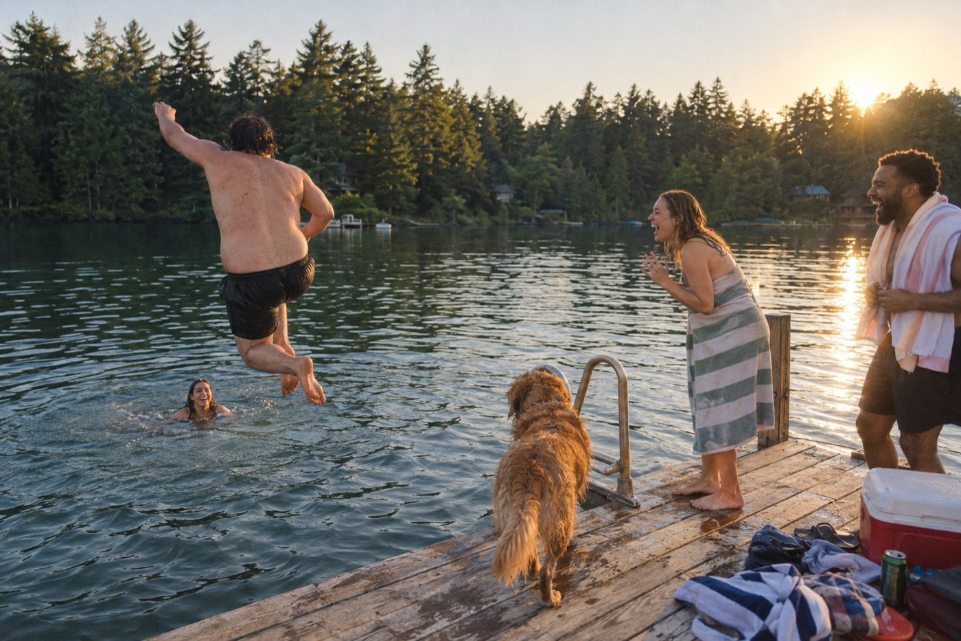 Friends on a lake holiday at sunset, one mid-air jumping off a wooden jetty while the others laugh from the boards and the water, a wet dog watching