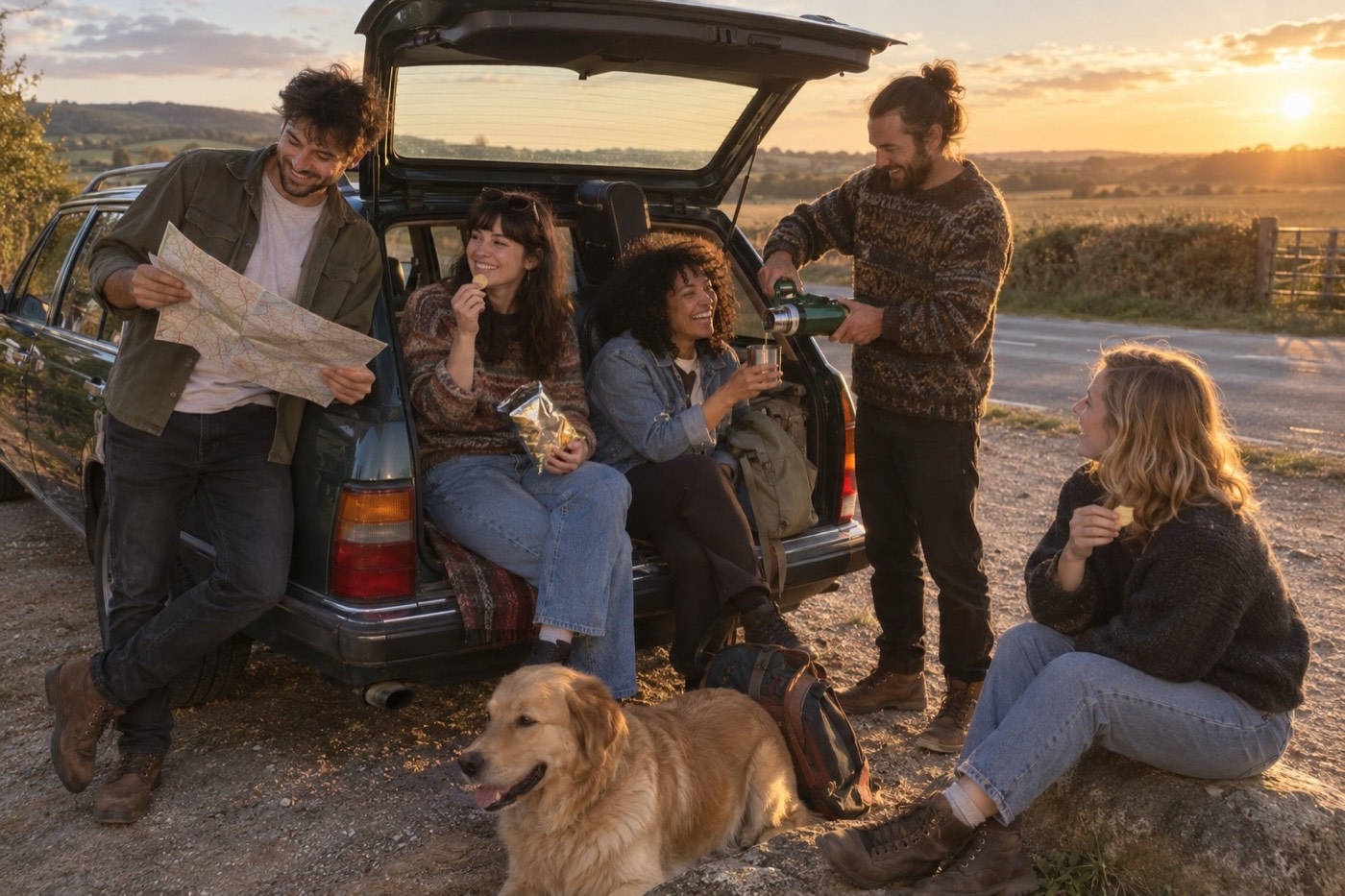 Friends on a road trip resting on the open boot of an old estate car at golden hour, one reading a paper map, one pouring from a flask, a dog lying in front